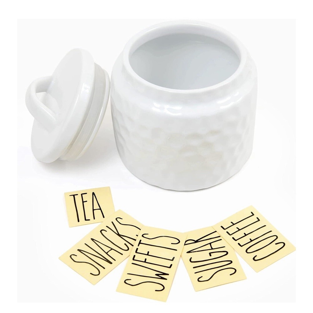 White Ceramic Dimpled Canister With Labels Daily Ritmo 32 oz Capacity Airtight